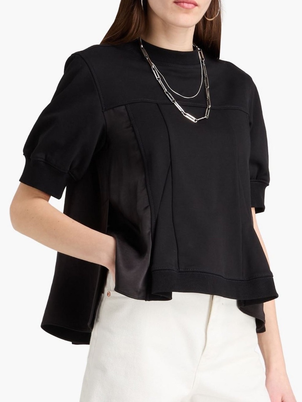 NWT - 3.1 Phillip Lim Satin-Paneled French Cotton-Terry Top -SZ S Black/Midnight